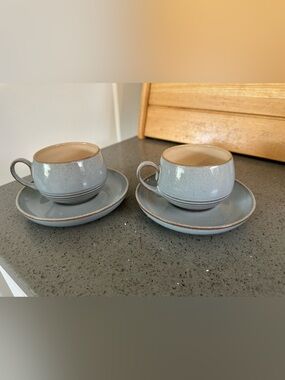 Denby Stoneware Espresso Cup and Saucer Set in Speckled Light Blue